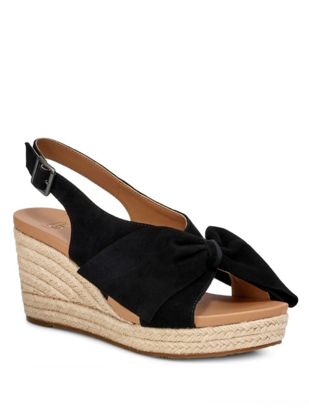 UGG Camilla Black Suede Bow Wedge Espadrille Slingback Sandals Size 8.5